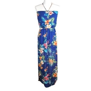 Maxi Halter Dress in Tropical Floral Print in Royal Blue, Orange, Green, Pinl